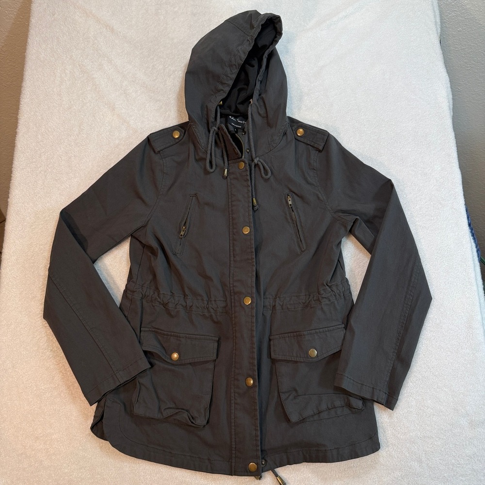 Eden Society Womens Utility Anorak Jacket Gray Hooded Military Field Coat Large